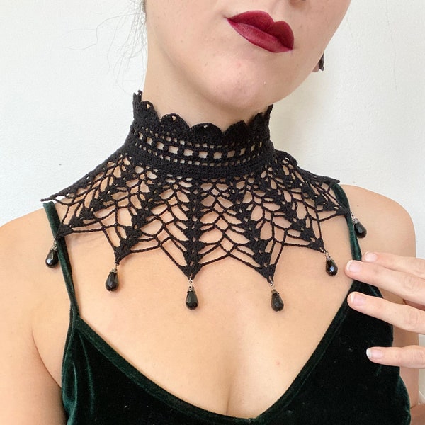 Gothic Crochet Choker | Victorian Style Black Lace Choker with Beaded Accents | Black Crystal Teardrop Chandelier Necklace
