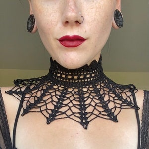 Gothic Lace Crochet Choker | Victorian Lace Crochet Collar with Black Crystal Beads | Black Beaded Lace Neck Collar