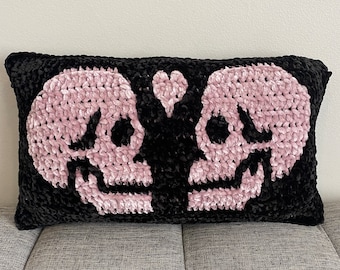 Love You To Death Throw Pillow | Black and White Velvet Skulls Pillow with Pink Heart | Velvet Yarn Throw Pillow | Gothic Home Decor Cushion