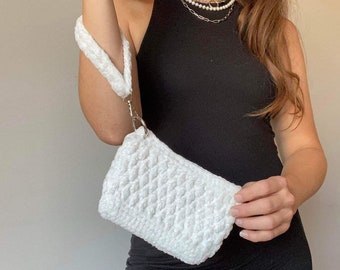 Velvet Crochet Wristlet Bag | Handmade Fully Lined Zipper Bag with Wrist Strap | Black and White Velvet Bag with Metal Hardware