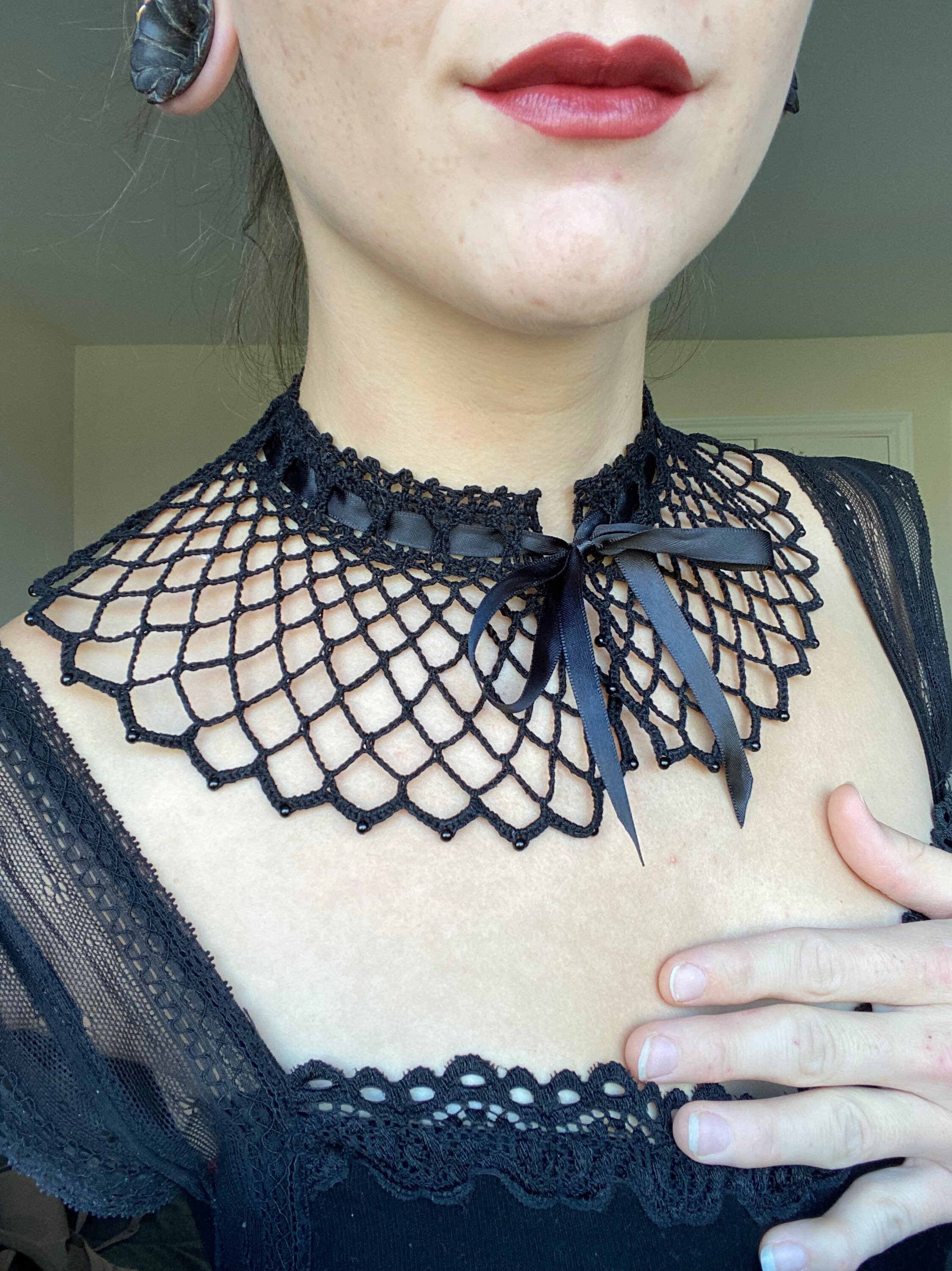 Crochet Gothic Lace Collar With Beads | Crochet Lace Choker With Ribbon ...