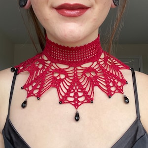 Red Lace Gothic Crochet Choker With Skulls and Beads | Crochet Victorian Collar | Skull Choker |