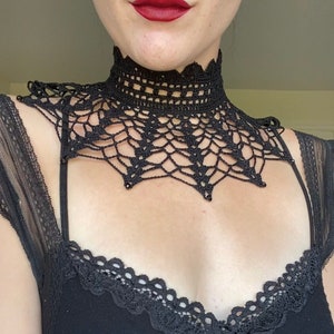 Gothic Lace Crochet Choker Victorian Lace Crochet Collar with Black Crystal Beads Black Beaded Lace Neck Collar image 3