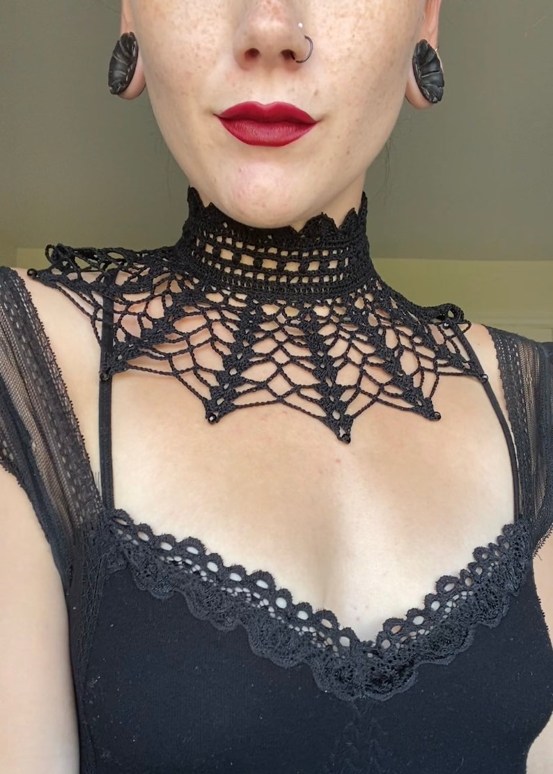 Gothic Lace Crochet Choker Victorian Lace Crochet Collar with Black Crystal Beads Black Beaded Lace Neck Collar image 3