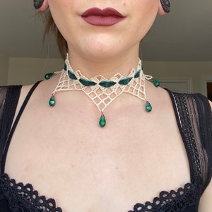 Hand Crocheted Lace Choker With Crystal Beads | Crochet Lace Chandelier Choker | Gothic Lace Necklace With Beads