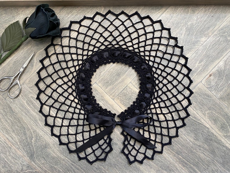 Crochet Gothic Lace Collar With Beads | Crochet Lace Choker With Ribbon ...