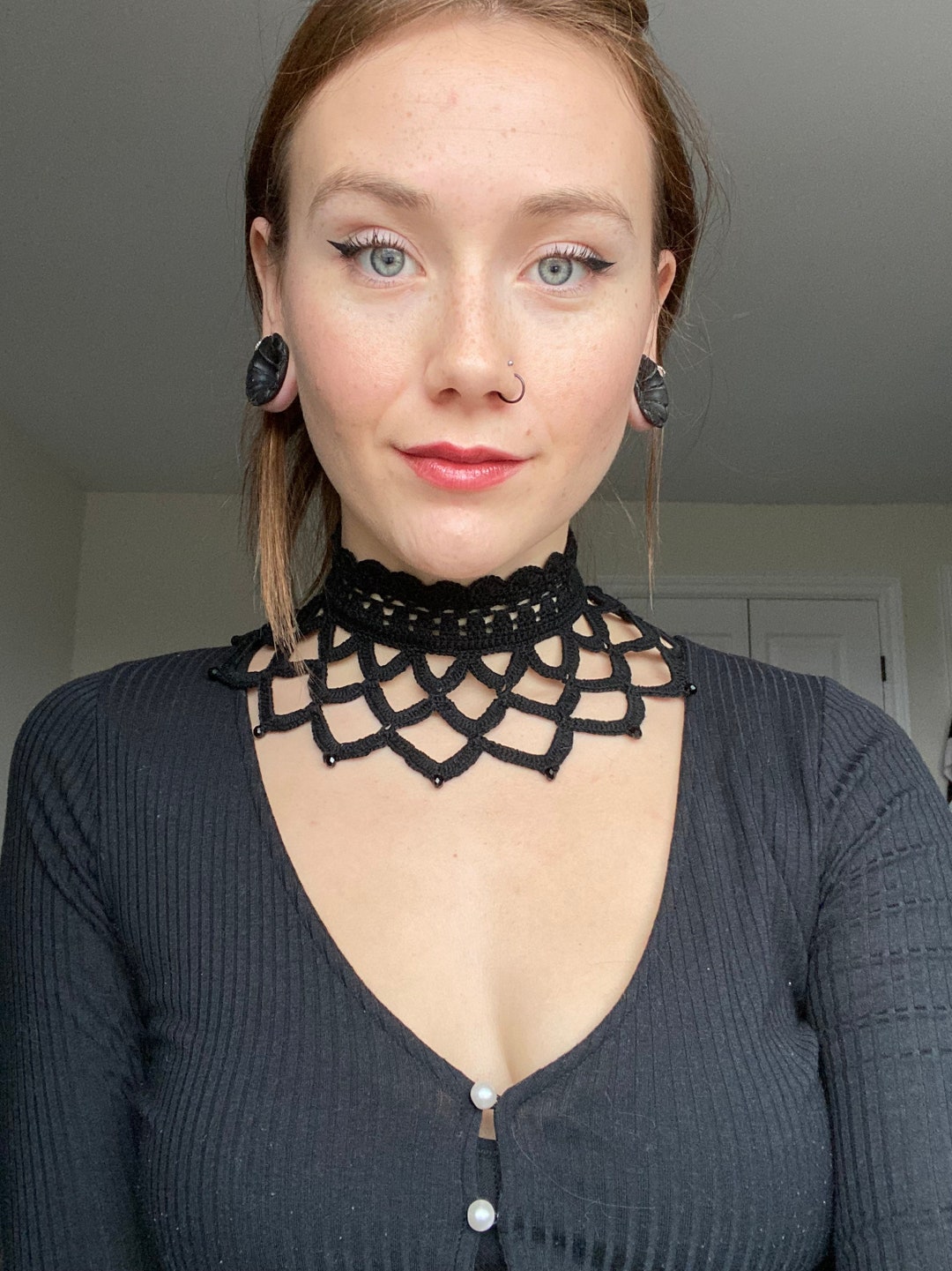 Crochet Choker Black Lace Gothic Collar With Beads | Handmade Lace Dark ...