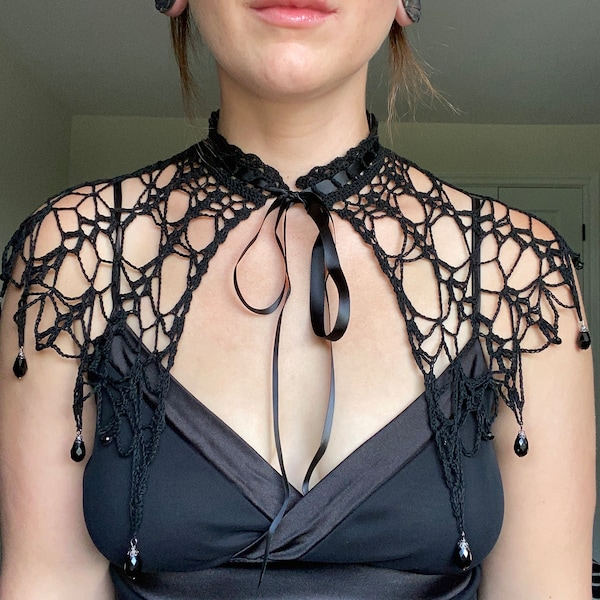 Schwarze Spitze Caplet | Handmade Häkelspitze Mesh Cape Bolero Netz vertuschen | Gothic Spitze-elegante Perlen-formales Caplet