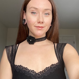 Beaded Black Rose Crochet Choker | Vintage Crochet Black Lace Flower Choker With Beads | Gothic Crochet Jewelry Choker