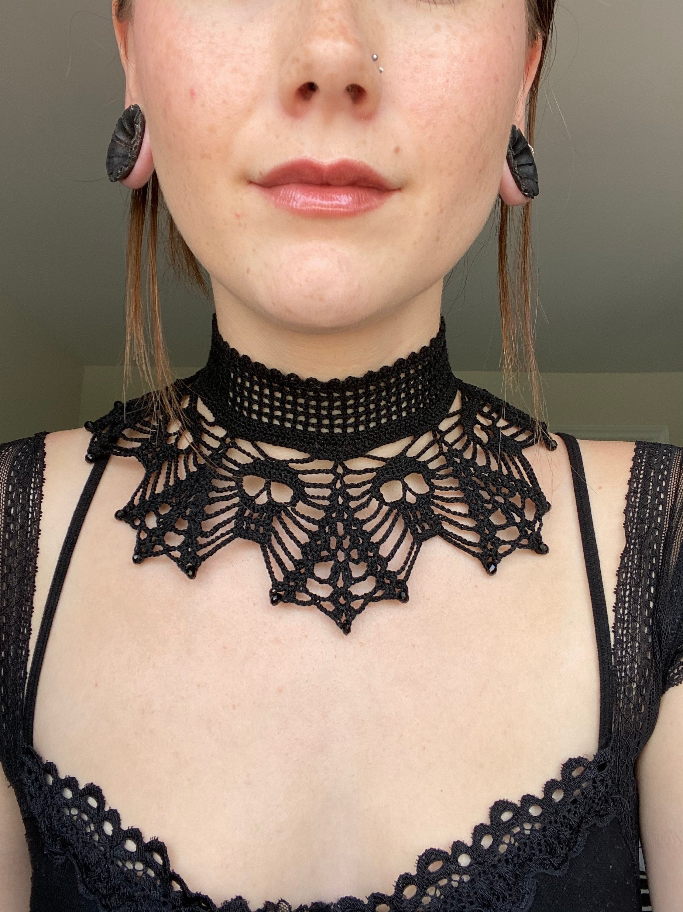 Gothic Choker With Chains, Crocheted Choker With Chains, Obsidian