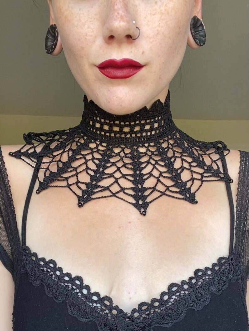 Gothic Lace Crochet Choker Victorian Lace Crochet Collar with Black Crystal Beads Black Beaded Lace Neck Collar image 1