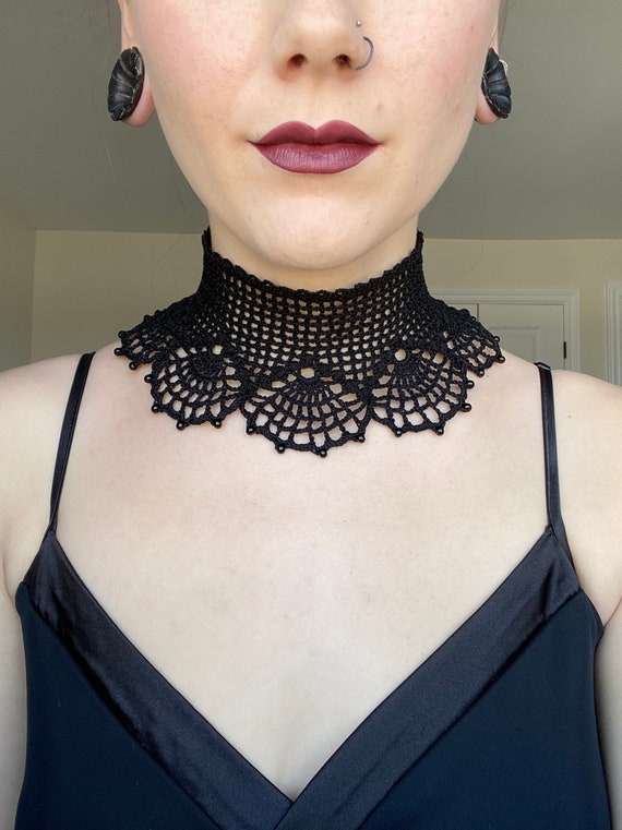 Crochet Lace Choker Crochet Choker Black Lace Gothic Collar With Beads Handmade Lace Dark Fashion Jewelry Etsy Canada