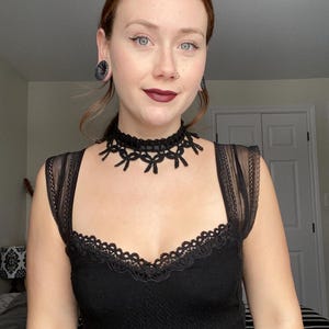 Hand Crocheted Gothic Lace Bow Choker | Crochet Choker with Black Satin Ribbon