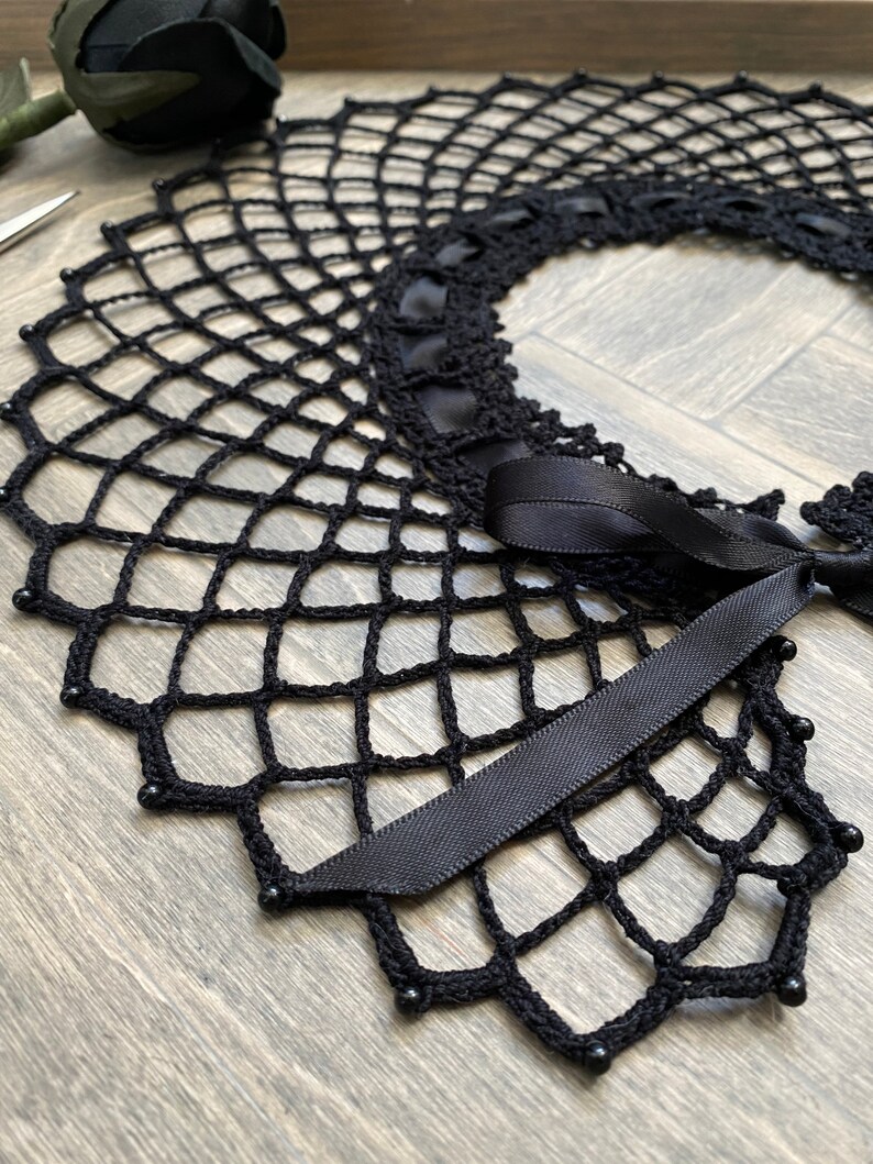 Crochet Gothic Lace Collar With Beads | Crochet Lace Choker With Ribbon ...