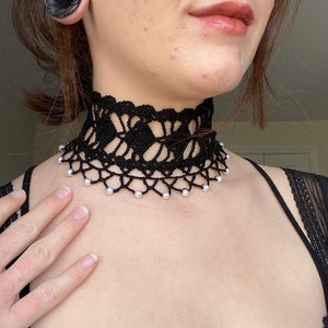Crochet Choker Black Lace With Pearls | Crochet Black Lace Collar With ...