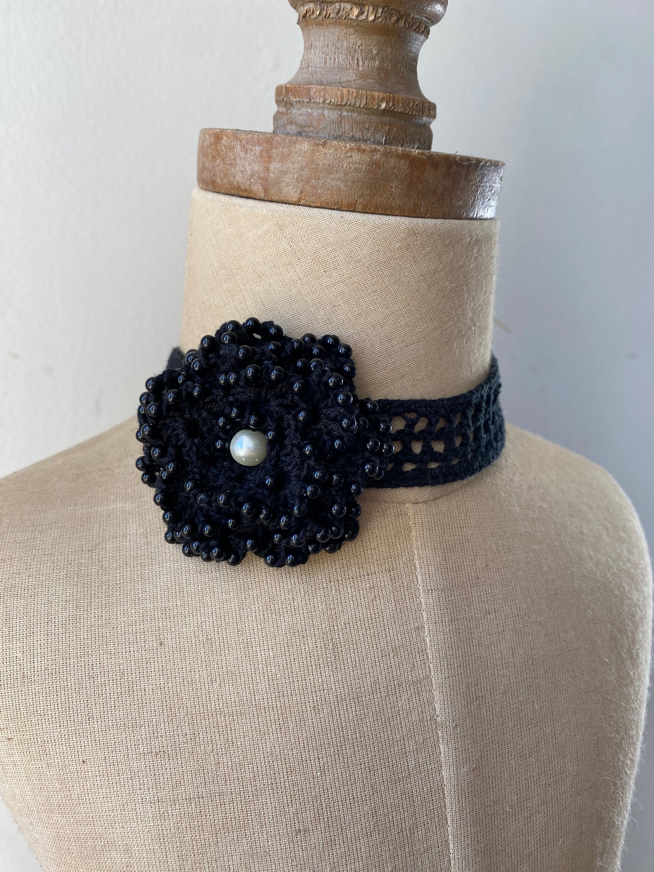 Beaded Black Rose Crochet Choker Vintage Crochet Black Lace Flower ...