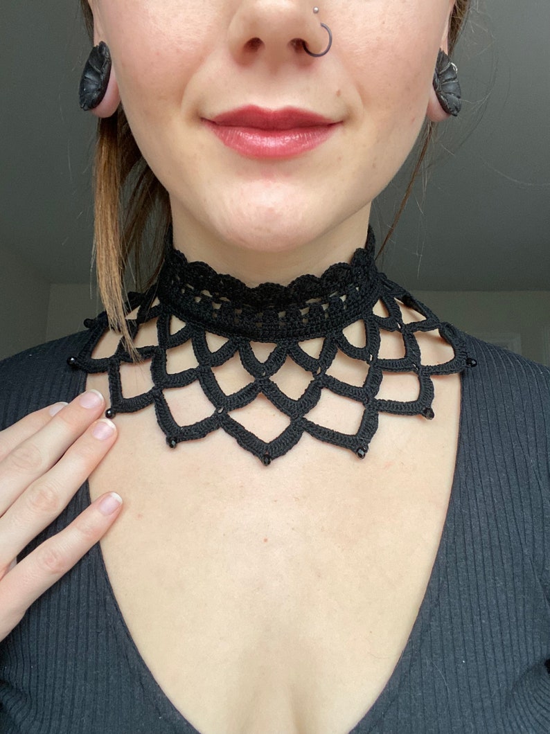 Crochet Choker Black Lace Gothic Collar With Beads Handmade - Etsy