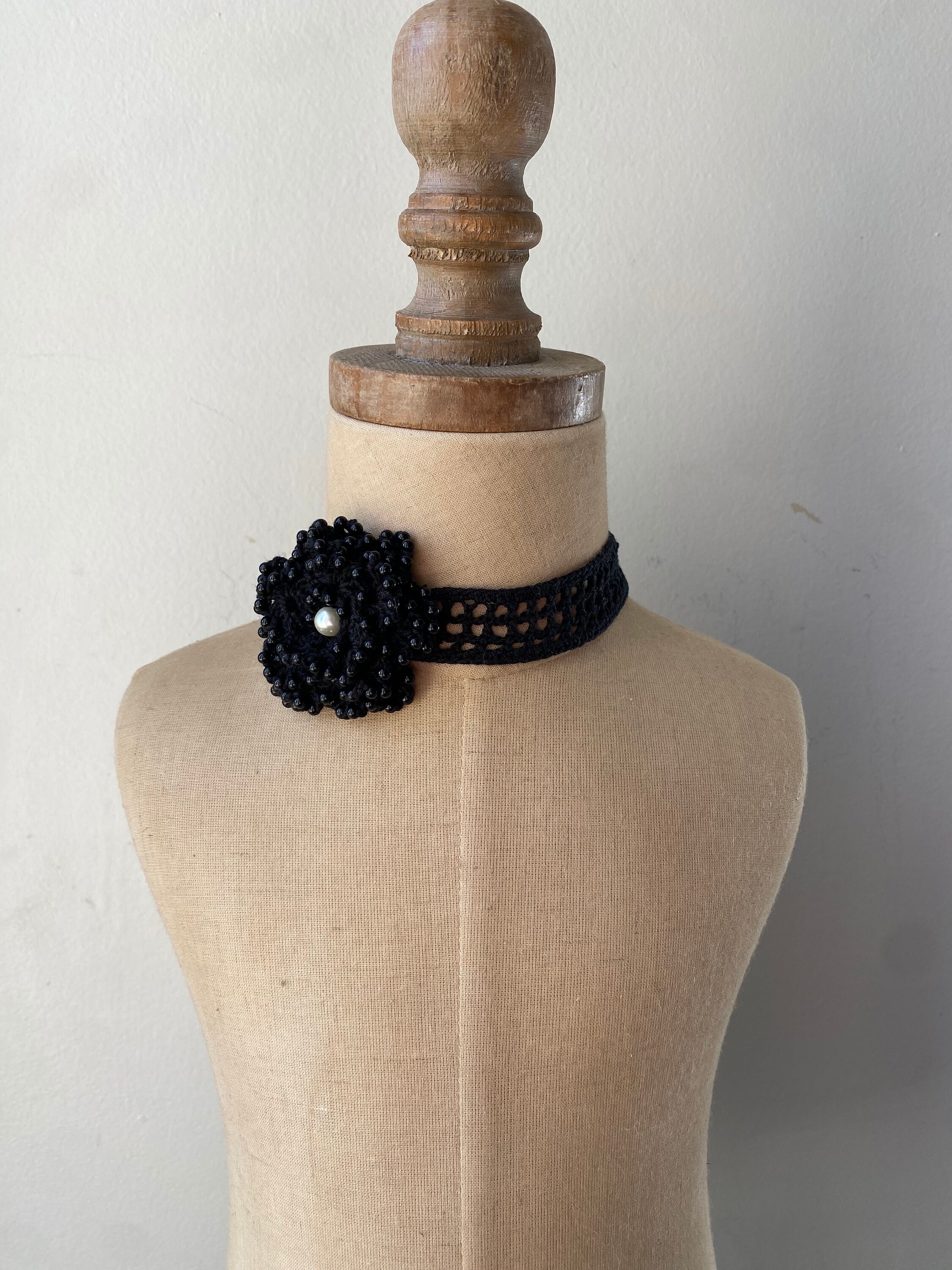 Beaded Black Rose Crochet Choker | Vintage Crochet Black Lace Flower ...