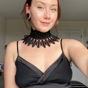 Gothic Lace Crochet Choker | Victorian Lace Crochet Collar with Black Crystal Beads | Black Beaded Lace Neck Collar