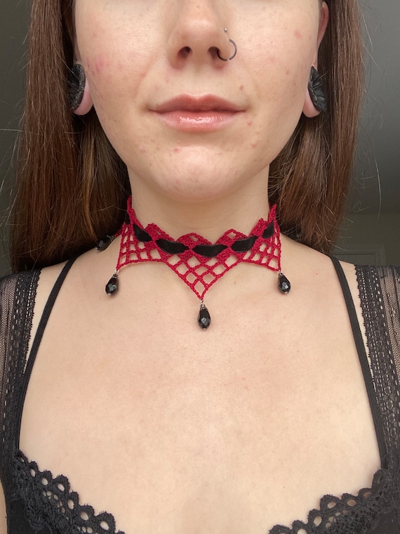 Hand Crocheted Lace Choker With Crystal Beads Crochet Lace Chandelier Choker Gothic Lace Necklace With Beads Etsy