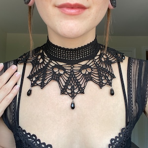 Black Lace Gothic Crochet Choker With Skulls and Beads | Crochet Victorian Collar | Skull Choker |