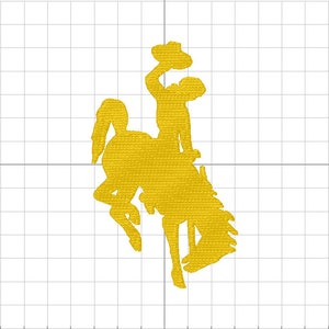 May include: A gold silhouette of a bucking bronco with a cowboy riding on top. The cowboy is holding a hat in his right hand.