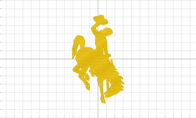 May include: A gold silhouette of a bucking bronco with a cowboy riding on top. The cowboy is holding a hat in his right hand.