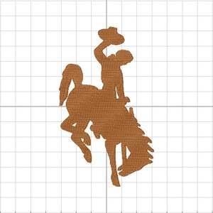 May include: A brown silhouette of a bucking bronco with a cowboy riding on top. The cowboy is wearing a hat and is holding onto the reins. The silhouette is on a white background with a grid pattern.