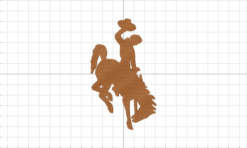 May include: A brown silhouette of a bucking bronco with a cowboy riding on top. The cowboy is wearing a hat and is holding onto the reins. The silhouette is on a white background with a grid pattern.