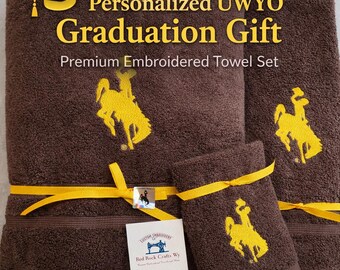UWYO Steamboat Embroidered Towel Set – Personalized Wyoming Cowboys Graduation Gift – Bath, Hand & Wash Towel Options