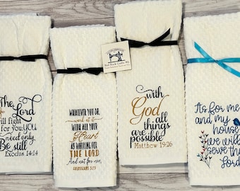 Embroidered Scripture White Kitchen Towels | Christian Gift | Hand Towels
