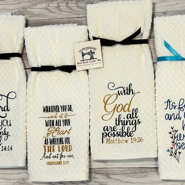 Embroidered Scripture Kitchen Towels, Spiritual Towel Gift