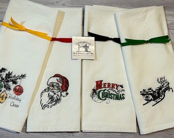 Christmas Vintage Santa Embroidered Tea Towels, Flour Sack Hand Towels, Santa Gift, Christmas Gift