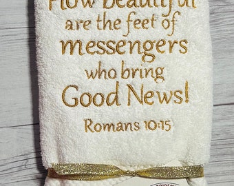 Beautiful Messengers of Good News Embroidered Bath Hand Towel, Romans 10:15 Religious Bath Hand Towel