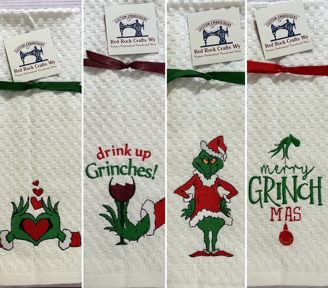 Grinch Christmas Embroidered Kitchen Hand Towels, Grinchmas Gift Etsy