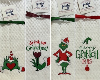 Grinch Christmas Embroidered Kitchen Hand Towels, Grinchmas Gift