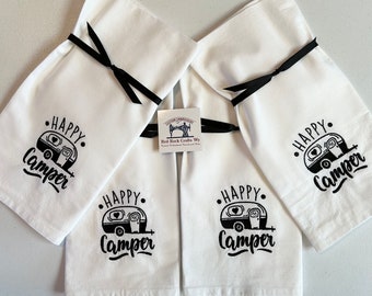 Happy Camper Embroidered Tea Towel, Flour Sack Kitchen Towel, Embroidered Towel Gift