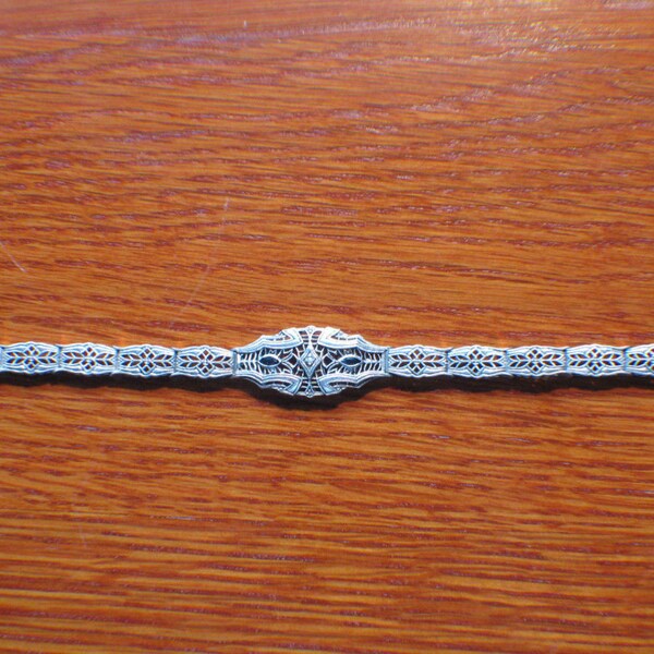 Victorian 925 Silver Filigree link Bracelet with Blue Sapphires and Seed Pearl