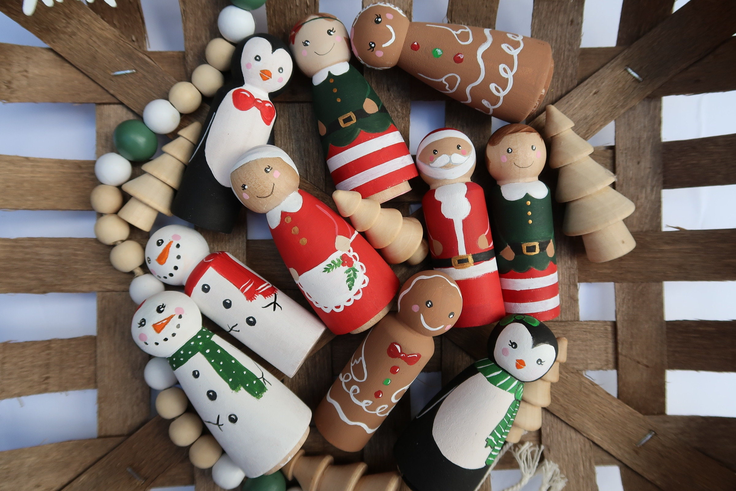 Wooden Christmas peg dolls SET of 10  Montessori child’s gift wooden classic handmade toy heirloom toy