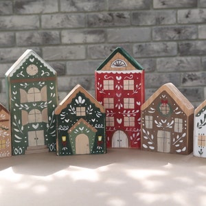 Christmas village wooden handmade unique , Holiday decor, montessouri , Decorations for mantle , Christmas Town village scene set of 6