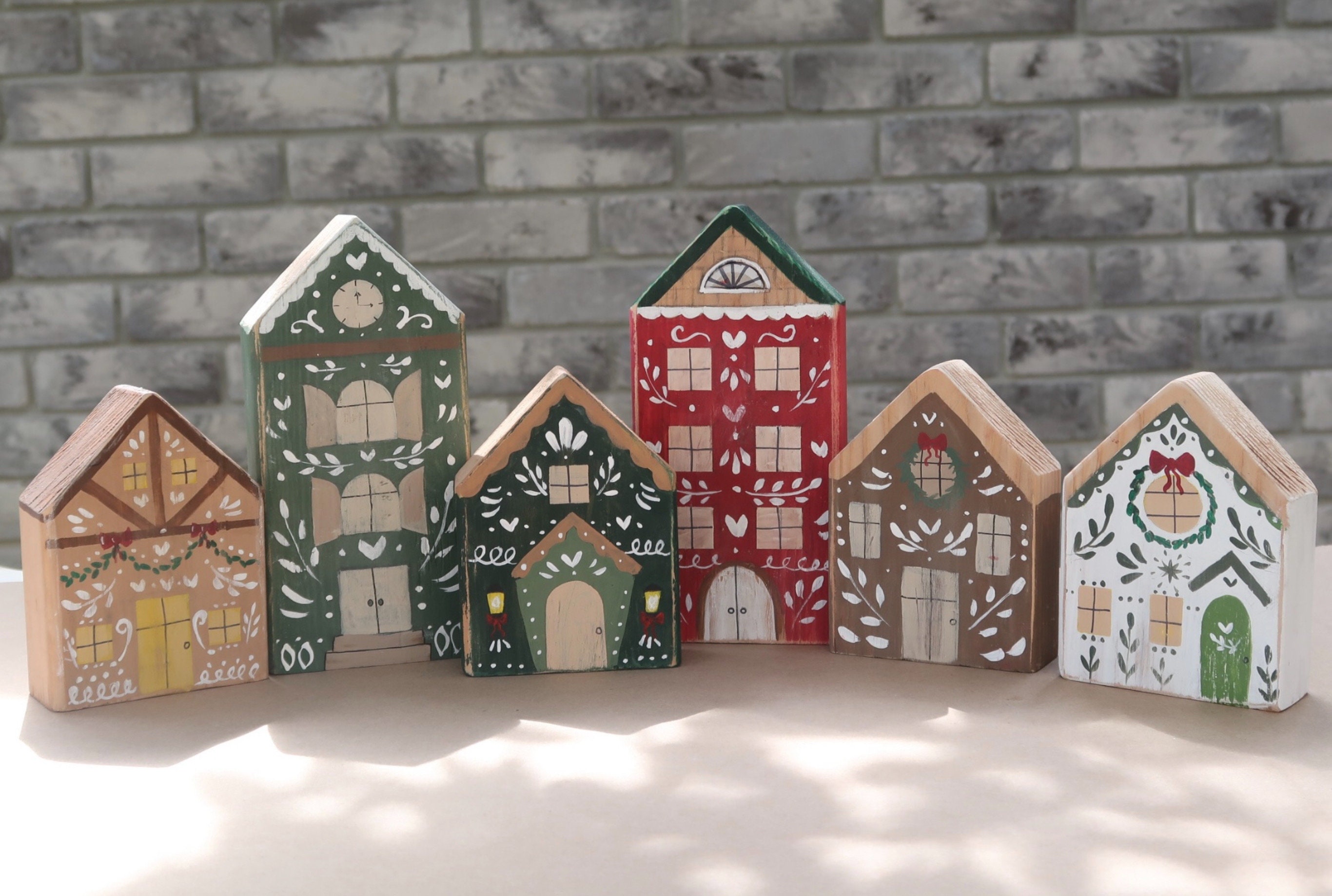 Christmas village wooden handmade unique , Holiday decor, montessouri , Decorations for mantle , Christmas Town village scene set of 6