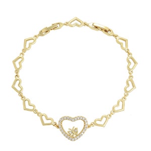 14K Gold Plated Clear Crystals Heart Butterfly Bracelet. Fashion. Oro Laminado