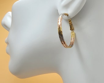 Women's Jewelry Tri-Color Gold Plated 4mm Hoop Earrings 1.25in D Oro Laminado