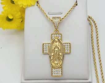 14K Gold Plated Our Lady - Virgen Guadalupe Cross Pendant & Chain. Oro Laminado