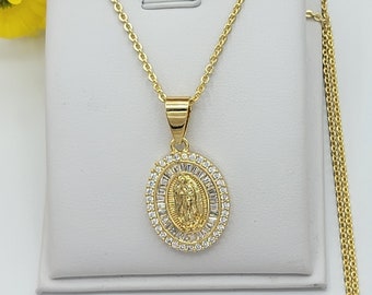 14K Gold Plated Our Lady of Guadalupe Crystal Medal Necklace Virgen Guadalupe