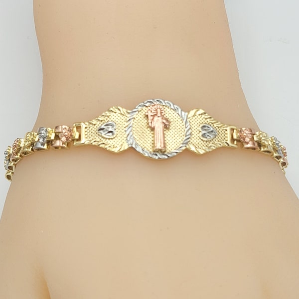 Tri Tone Gold Plated Saint Benedict Bracelet. Flower Links. Pulsera de San Benito Oro Laminado.