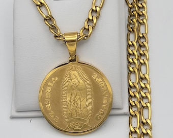 Stainless Steel Aztec Calendar Our Lady of Guadalupe Pendant & Chain Necklace
