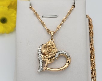 18K Gold Plated Rose Flower Heart Pendant Necklace & Chain Women Jewelry Fashion