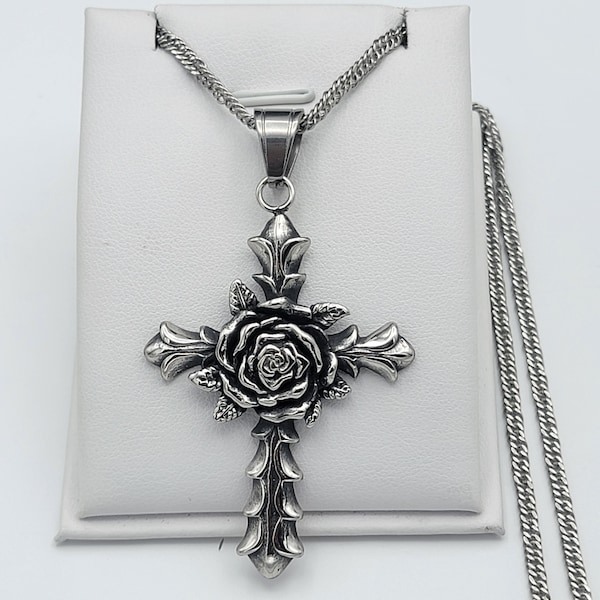 Stainless Steel Vintage Silver Rose Cross Pendant Necklace Christian Religious