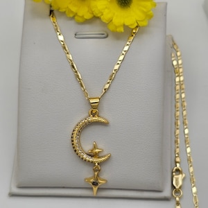 14K Gold Plated Moon & hanging shining stars Pendant Necklace. Galaxy Cosmic